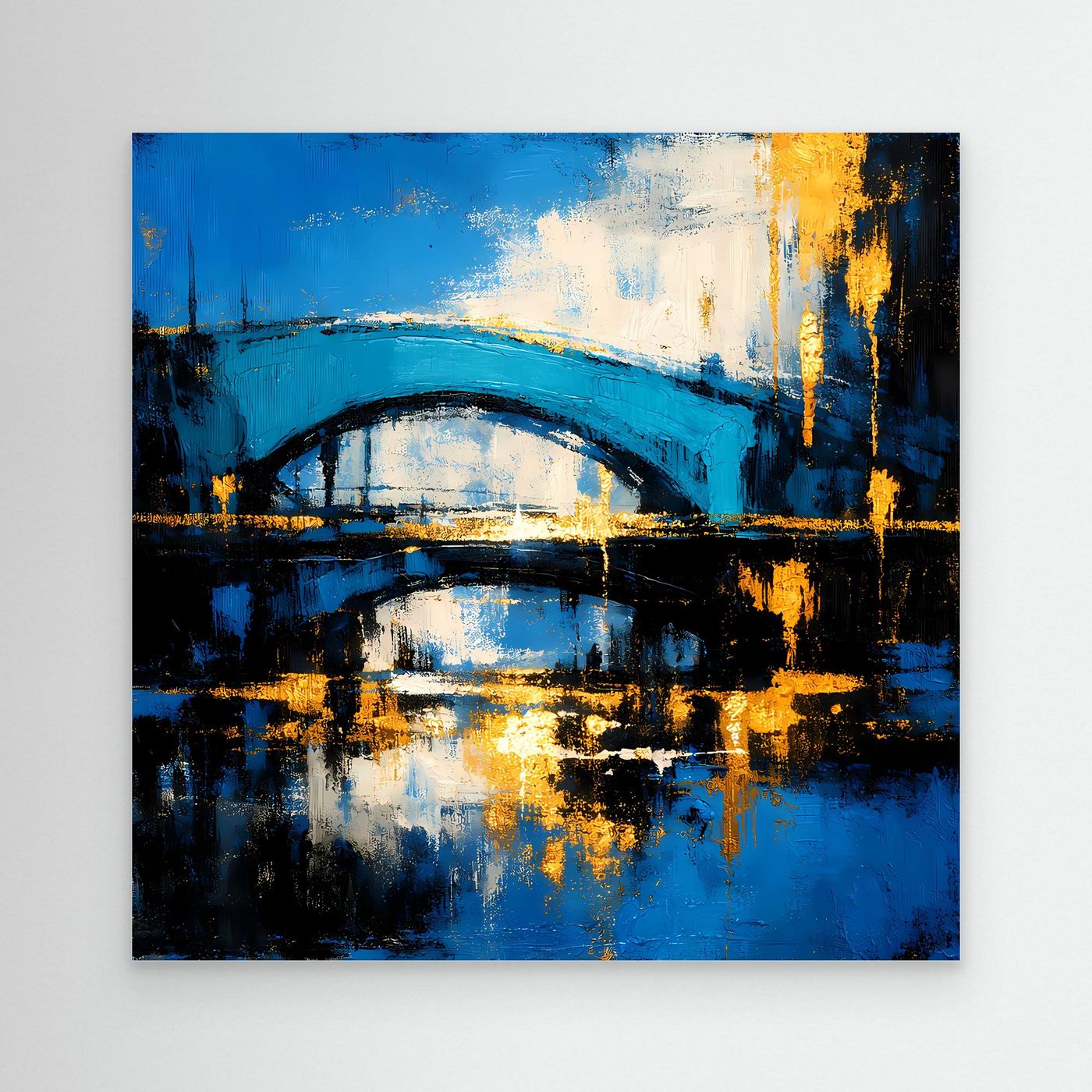 Abstraktes Wandbild mit blauer Bogenbrücke, dunklem Wasser und goldenen Farbspritzern