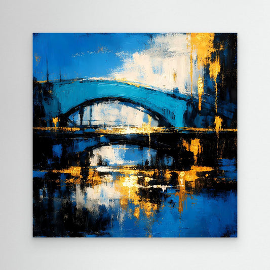Abstraktes Wandbild mit blauer Bogenbrücke, dunklem Wasser und goldenen Farbspritzern