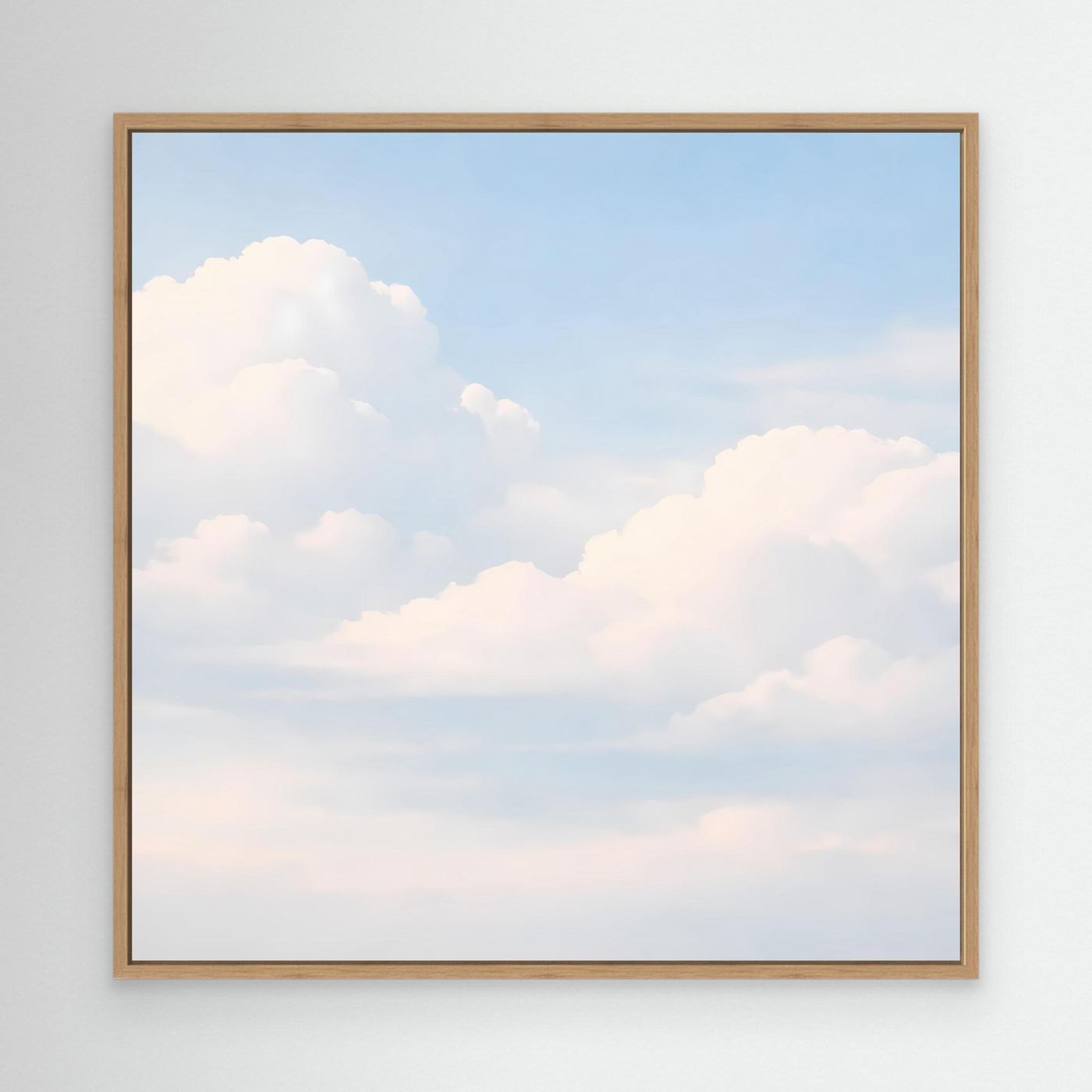 Quadratisches Leinwandbild mit pastellfarbenen Wolken am hellblauen Himmel, Eichenrahmen