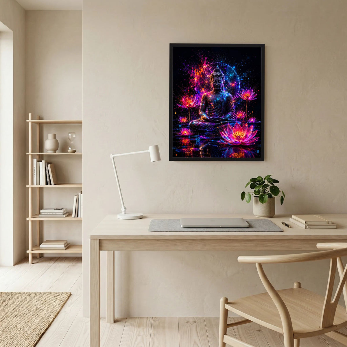 Poster Hochformat mit sitzendem Buddha in Neon-Pink und Blau, farbige Lotusblüten