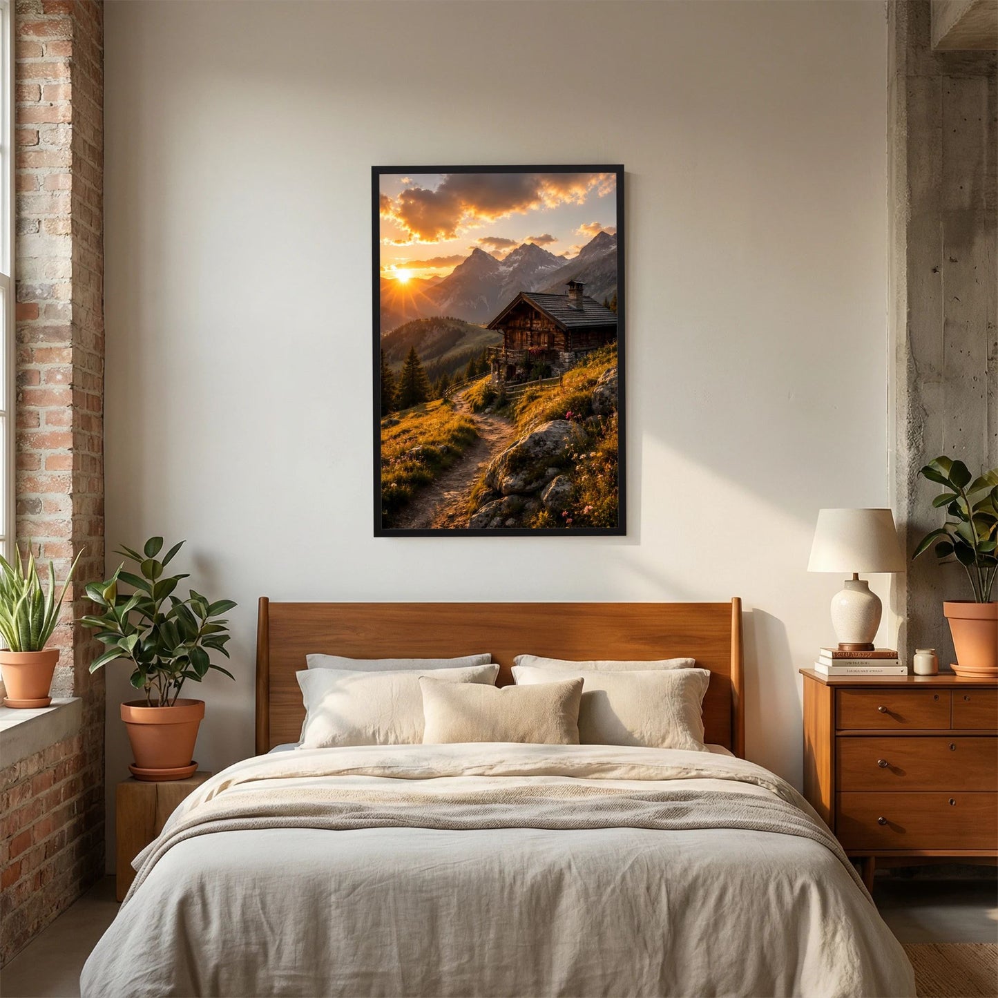 Hochformat-Poster mit schwarzem Rahmen: Holzhaus in den Bergen bei Sonnenuntergang