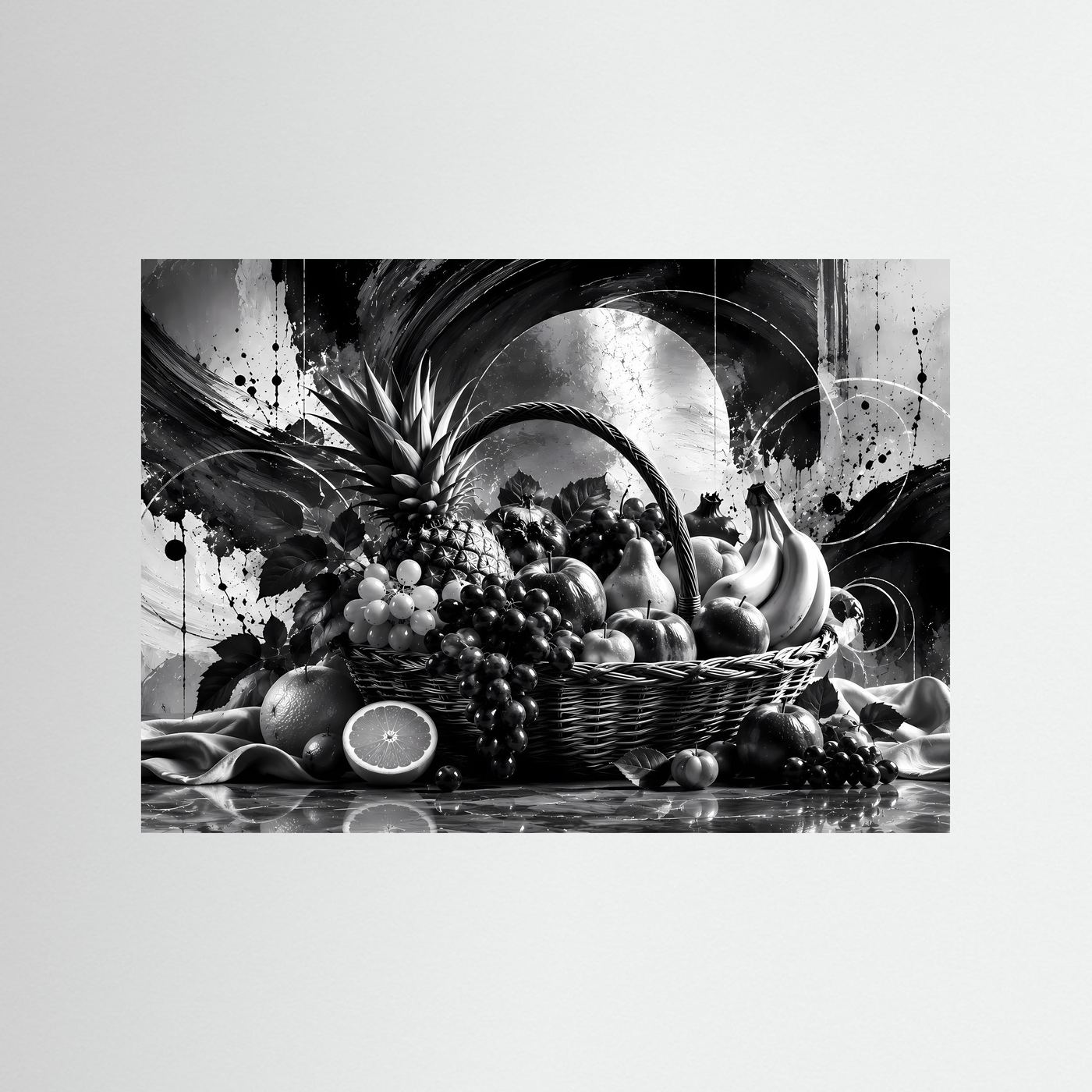 Schwarz-Weiß Obstkorb Poster | Modernes Stillleben Wandbild | Monochrome Früchte Kunst | Elegante Küchen Deko | Abstrakte Wall Art