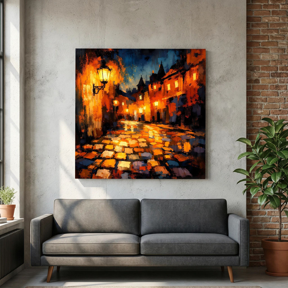 Leinwand Abstraktes Altstadt Gemälde | Modernes Romantisches Gassen Wandbild bei Nacht