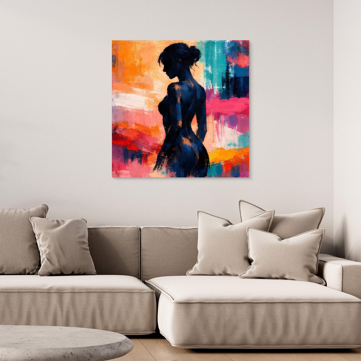 Leinwand-Wandbild mit abstrakter Frauensilhouette in Blau, Pink und Orange, ungerahmt.