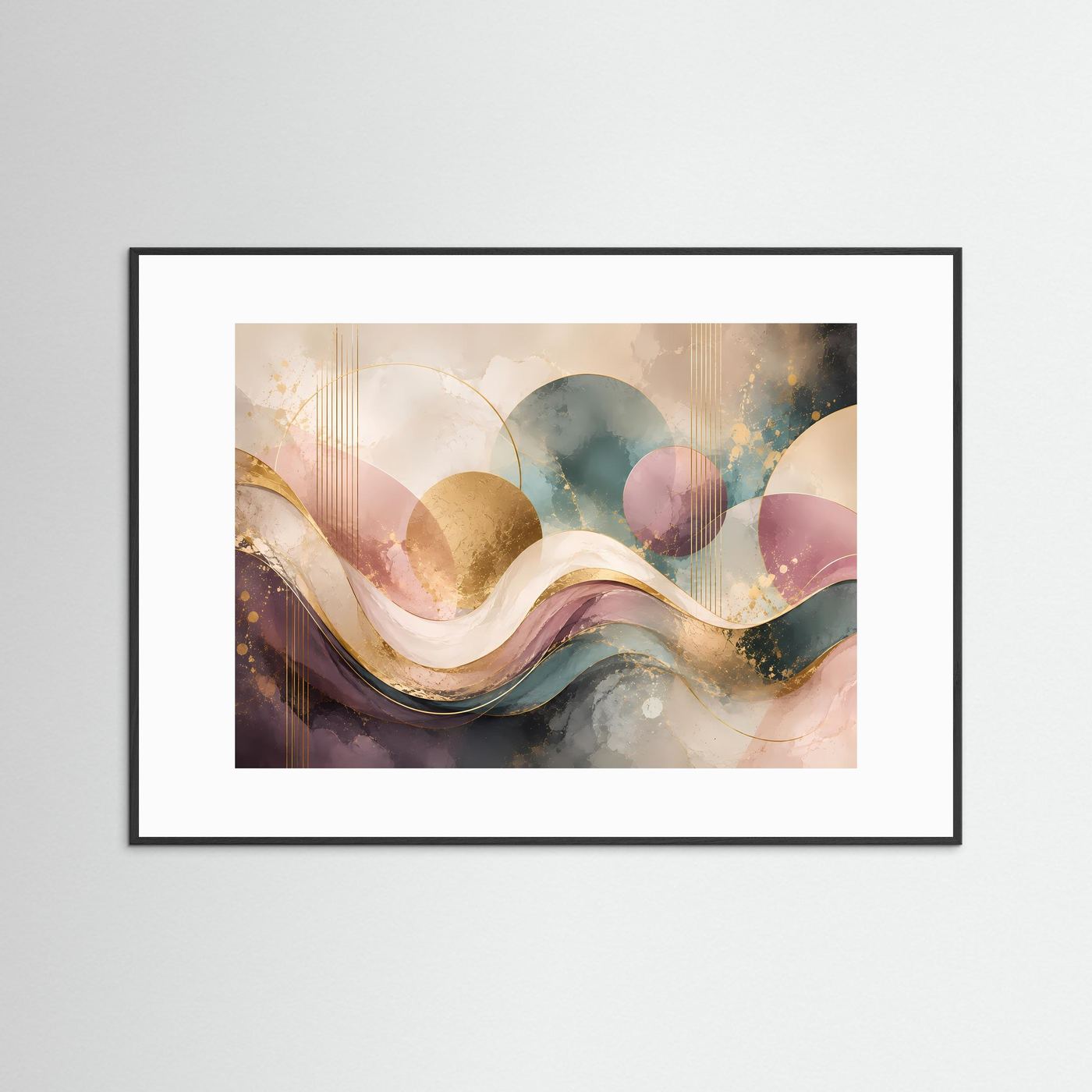 Abstrakte Wellen Poster Querformat | Moderne Wandkunst in Rosa, Gold, Petrol & Creme | Elegantes Luxus Wandbild mit geometrischen Formen