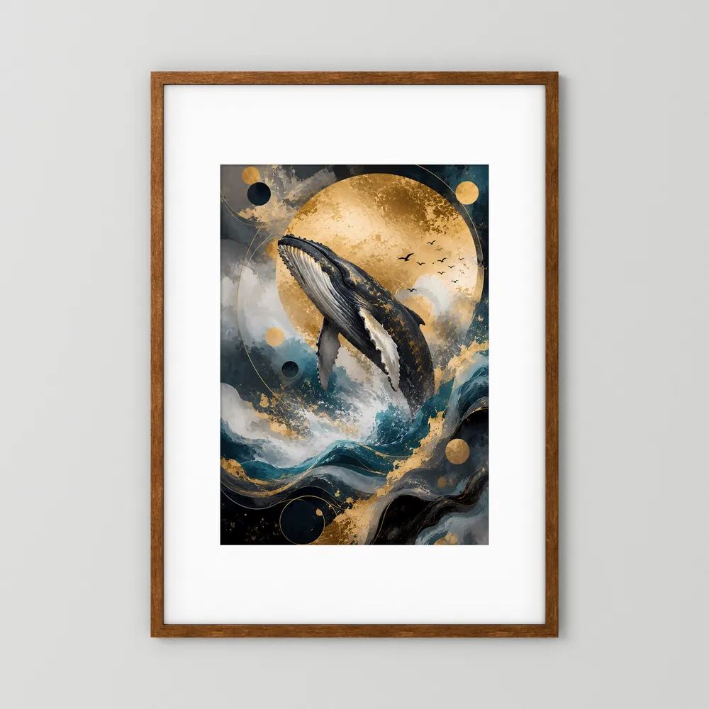 Buckelwal-Kunstposter im braunen Holzrahmen mit Mond, Goldkreis und abstrakten Wellen
