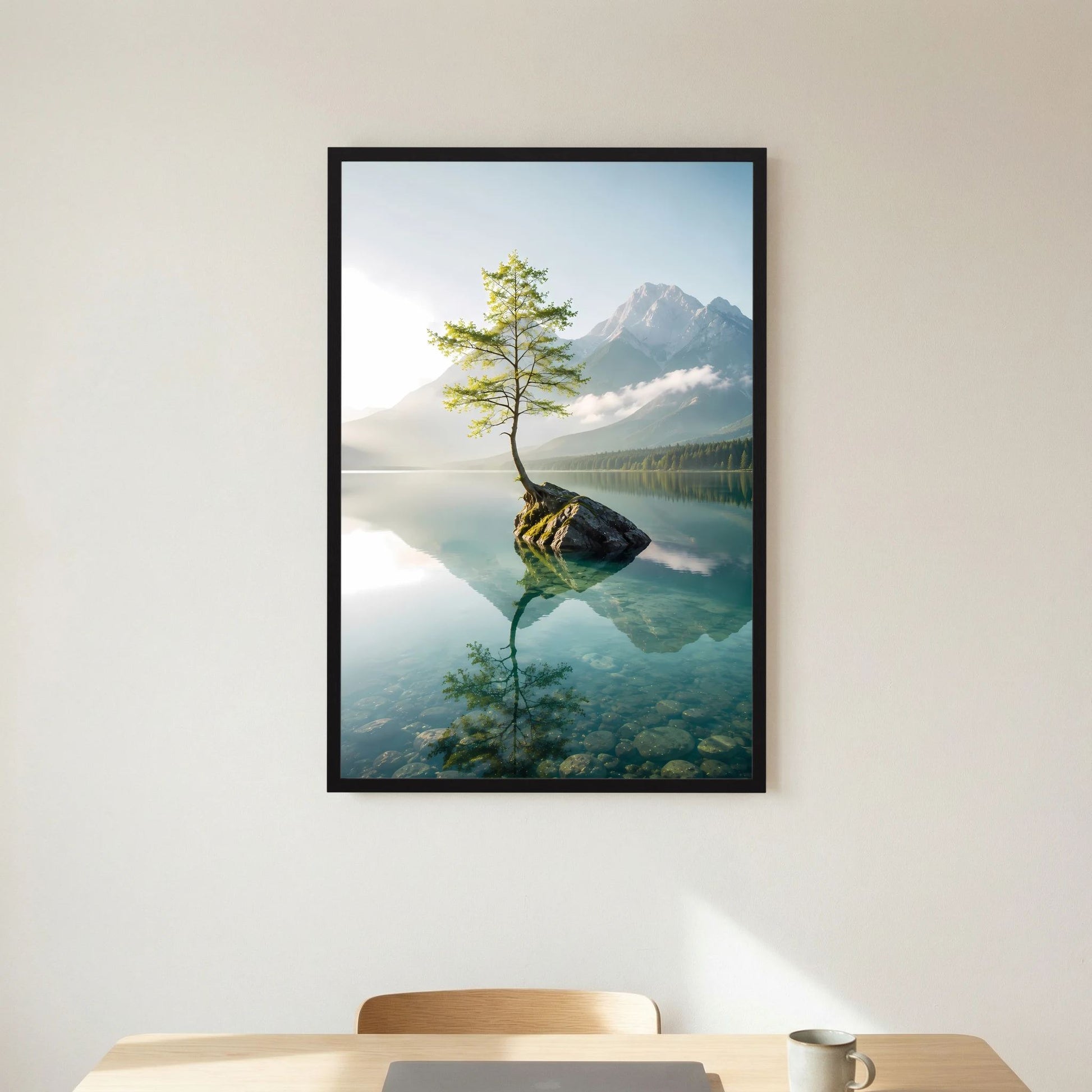 Baum im Bergsee | Stille Berglandschaft mit Spiegelung | Poster Hochformat