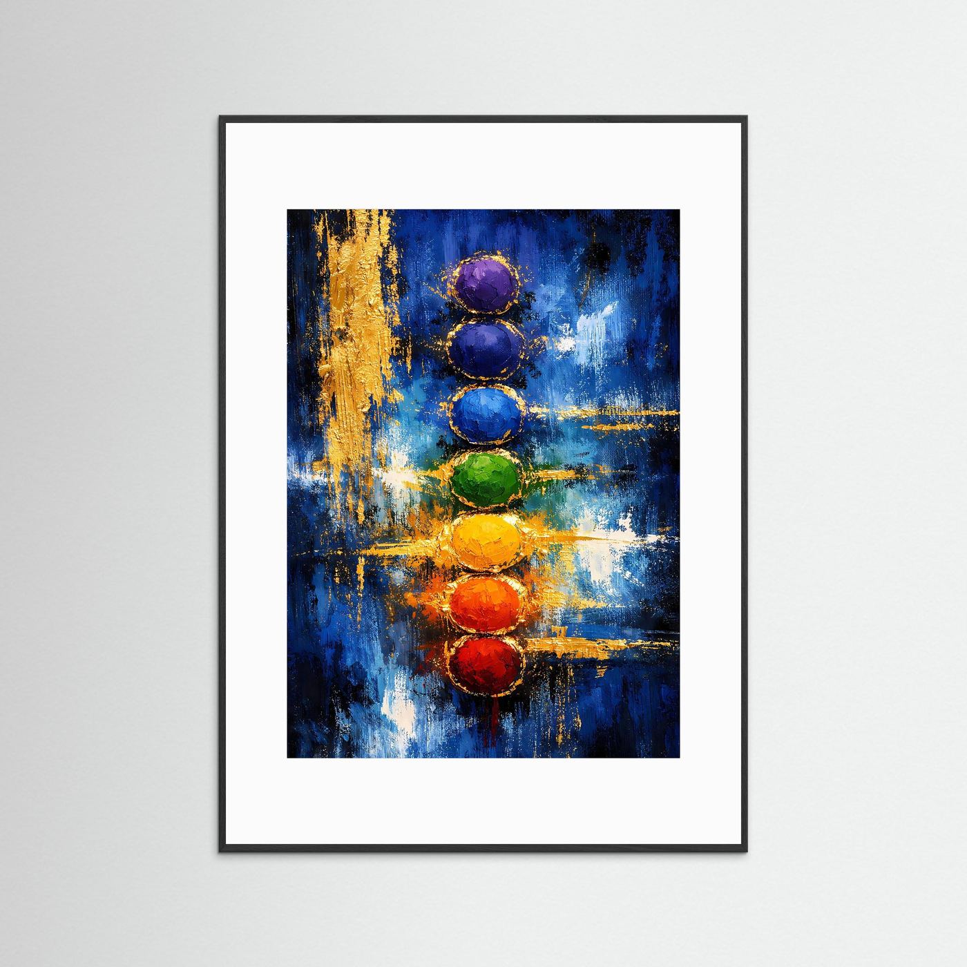 Chakra-Kunstposter mit weißem Passepartout und schwarzem Rahmen, farbige Kreise auf Blau