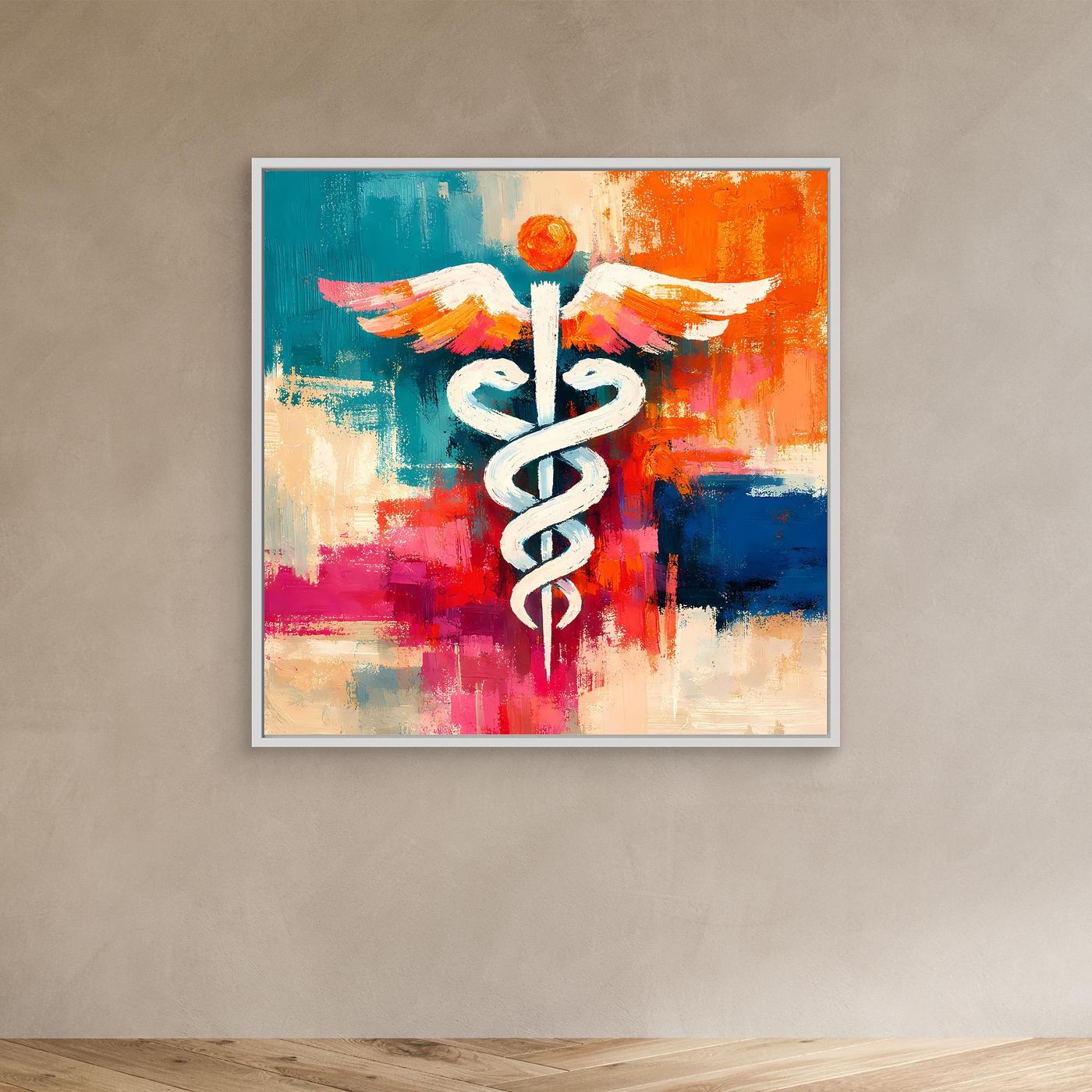 Abstract medical wall art with white caduceus and wings in a white frame