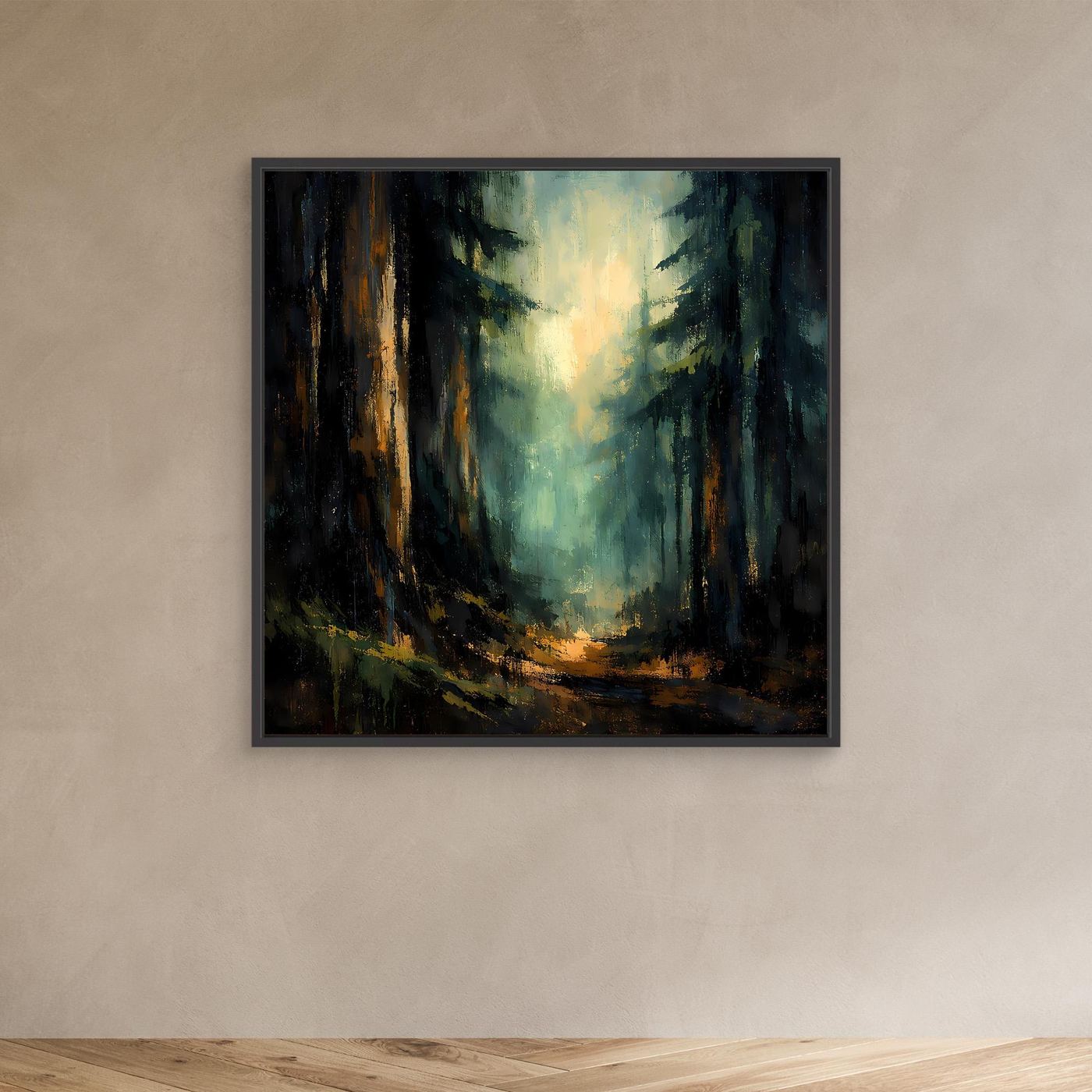 Abstraktes Leinwand-Wandbild: mystischer Tannenwald mit leuchtender Mitte, schwarzer Rahmen