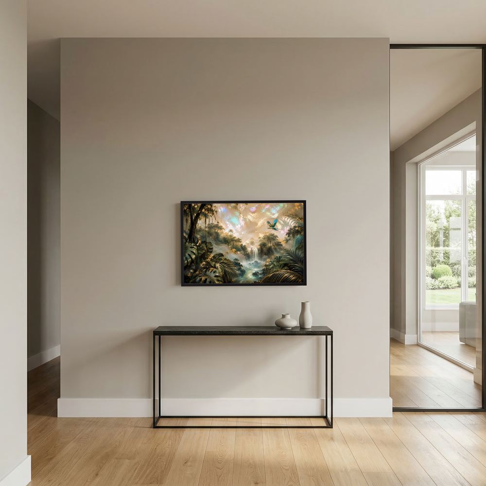 Tropenwald-Poster querformat mit Wasserfall und Papagei, schwarzer Rahmen an der Wand