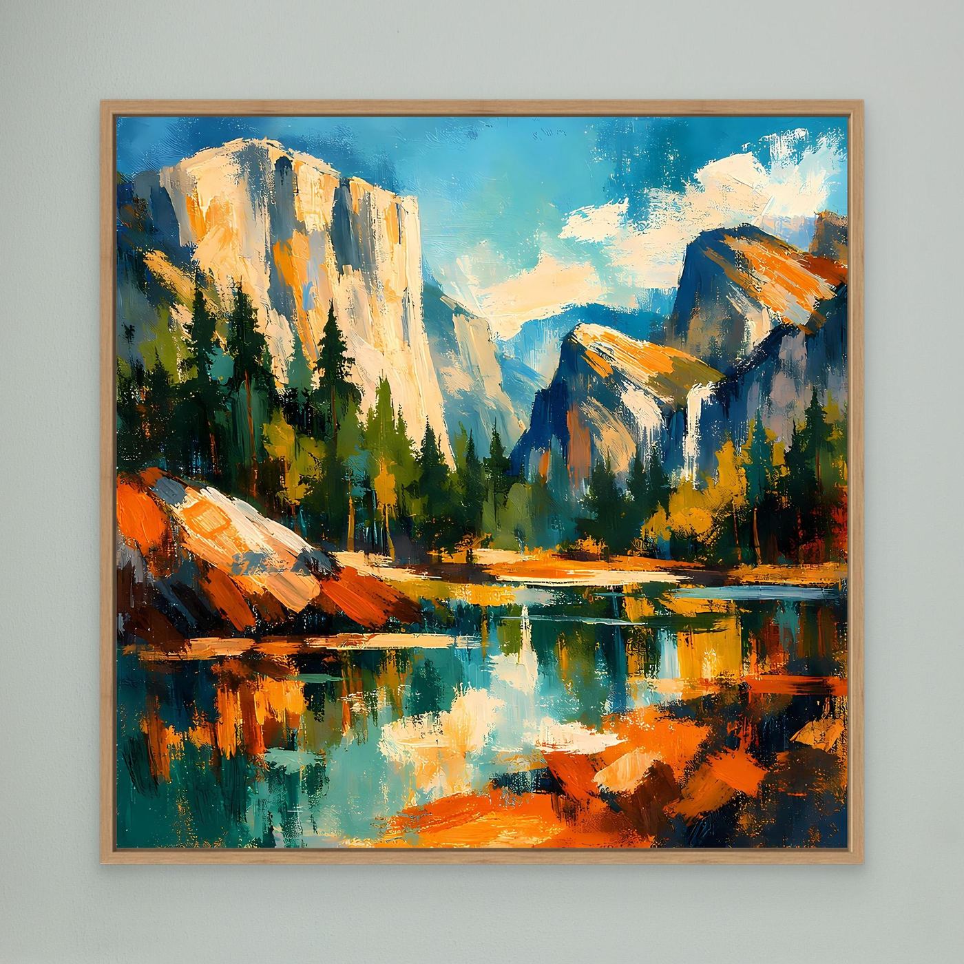 Leinwand-Wandbild mit Berglandschaft und See, Holzrahmen