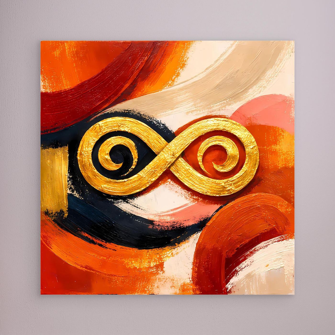 Leinwandbild mit goldenem Unendlichkeitszeichen im abstrakten Orange-Rot-Muster, ohne sichtbaren Rahmen