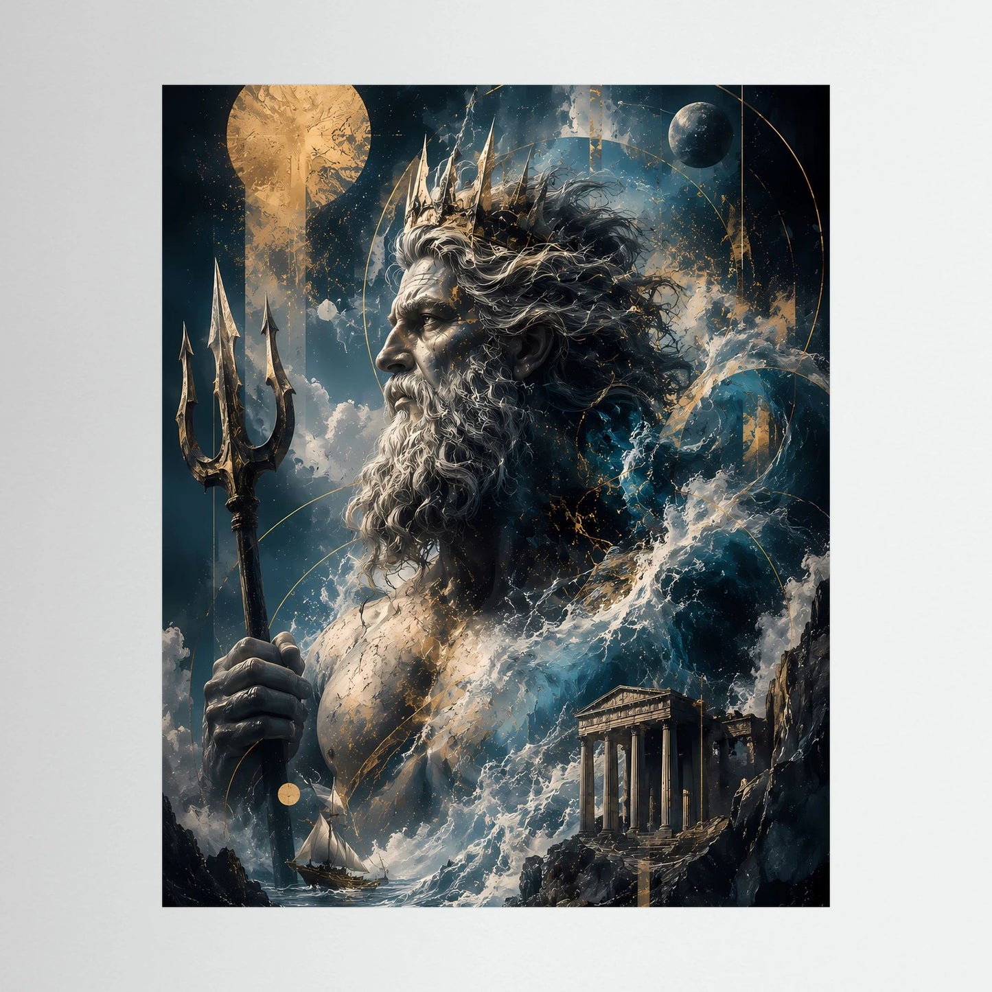 Hochformat-Poster mit Poseidon, Dreizack und tosenden Meereswellen im dramatischen Stil