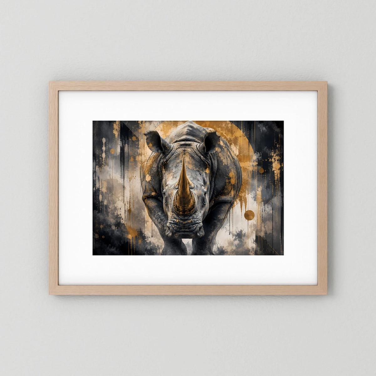 Abstraktes Nashorn-Poster mit hellem Holzrahmen, Schwarz-Gold Tiermotiv im Querformat