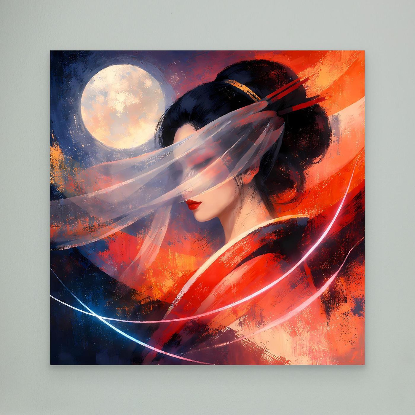 Gerahmtes Leinwandbild mit Geisha-Porträt, rotem und blauem Abstrakt, dunkler Rahmen