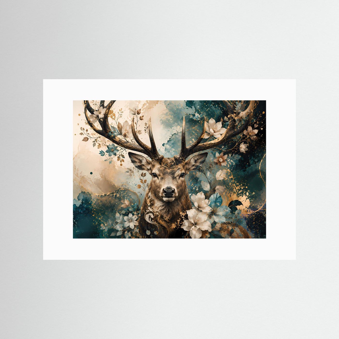 Hirsch Poster | Florales Hirsch Wandbild | Elegante Hirschkunst mit Blumen | Modernes Natur Wandbild | Abstrakte Premium Wall Art