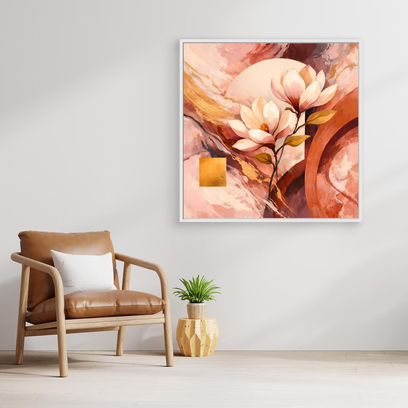 Leinwandbild mit Magnolien in Rosé- und Goldtönen, heller Rahmen