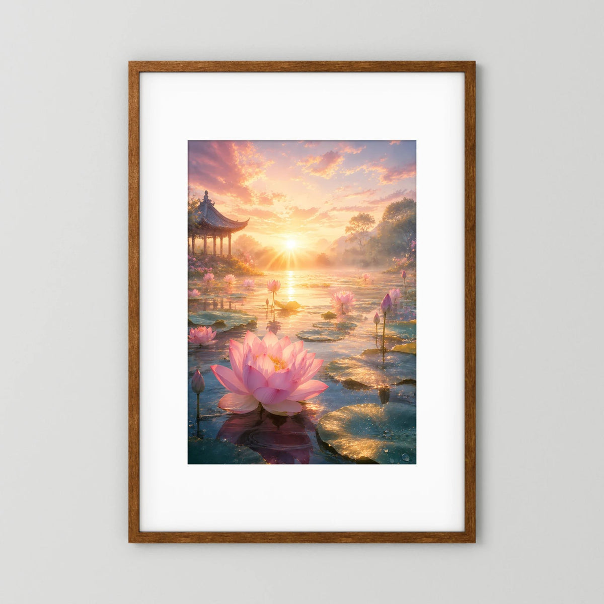 Hochformatiges Poster mit rosa Lotusblüte im Goldlicht, brauner Holzrahmen