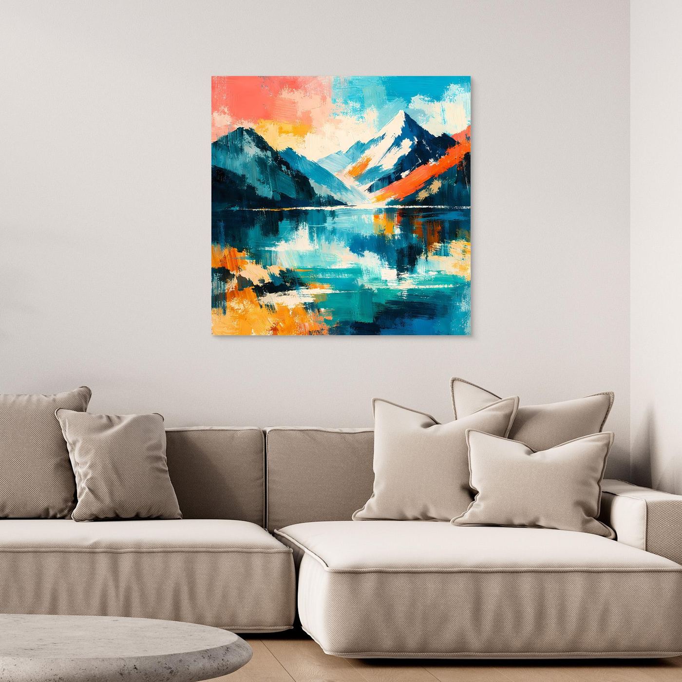 Leinwandbild mit abstrakter Berg- und See-Landschaft in Blau, Türkis und Orange, ohne Rahmen