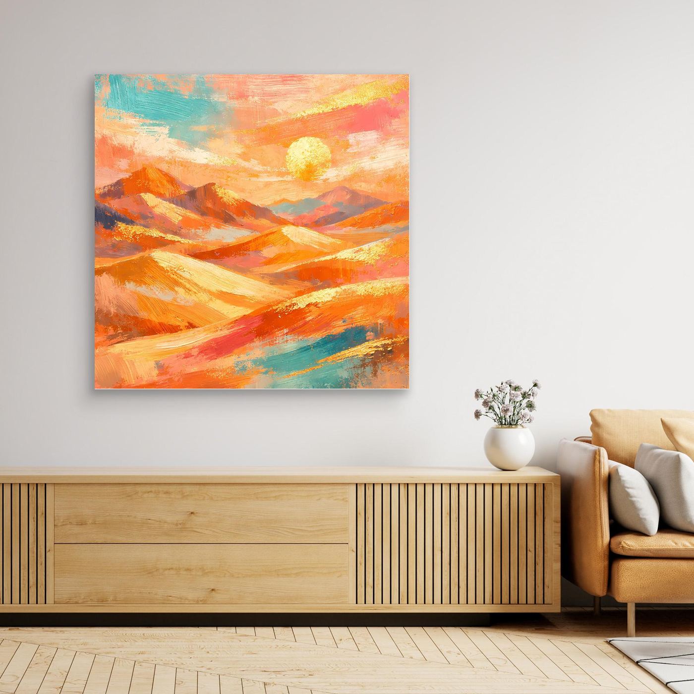 Quadratisches Leinwandbild: abstrakte Wüstenlandschaft mit orangefarbenen Pisten und Sonnenschein
