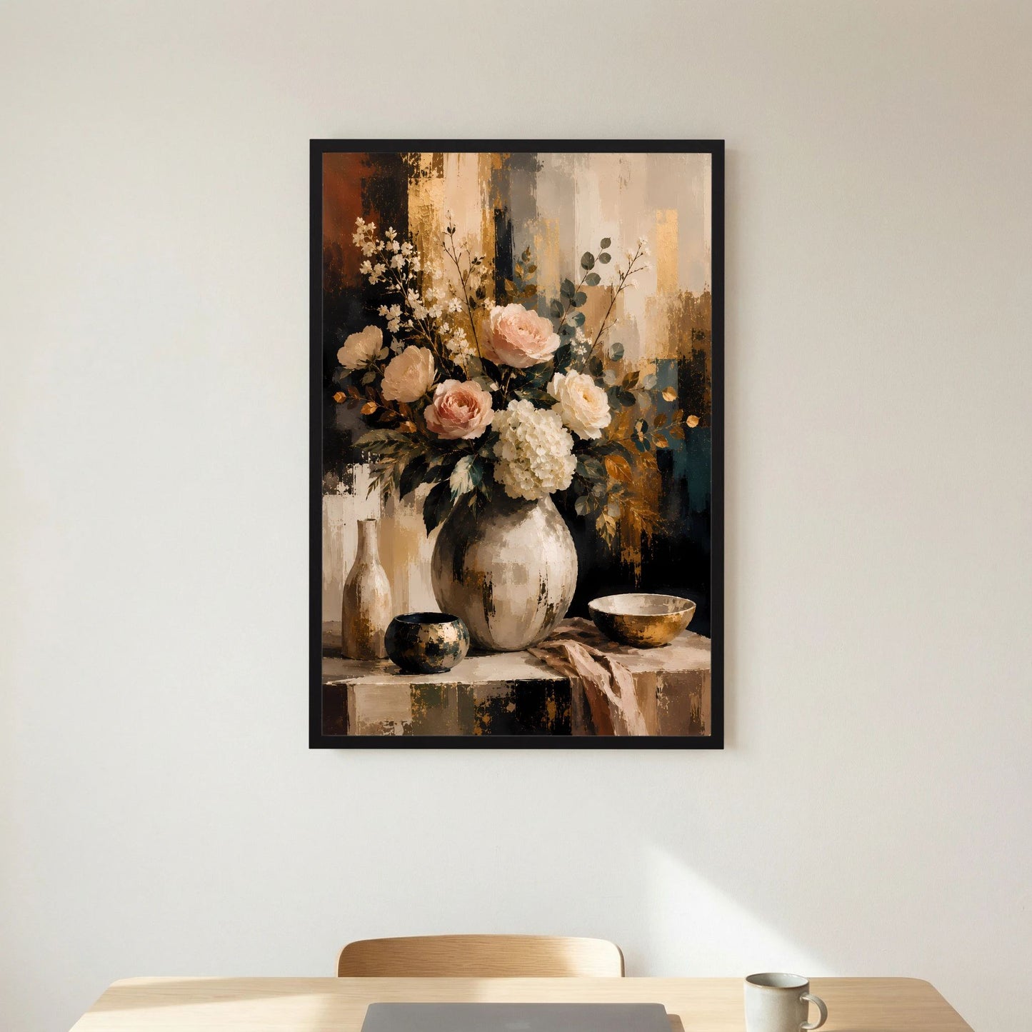 Hochformatiges Blumenstillleben-Poster mit floralen Motiven im schwarzen Rahmen