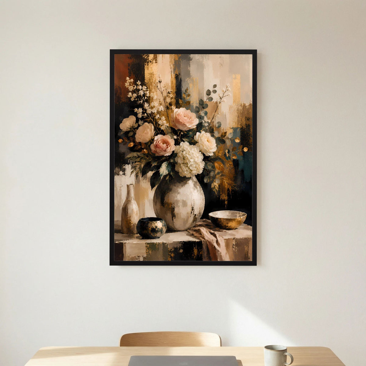 Hochformatiges Blumenstillleben-Poster mit floralen Motiven im schwarzen Rahmen