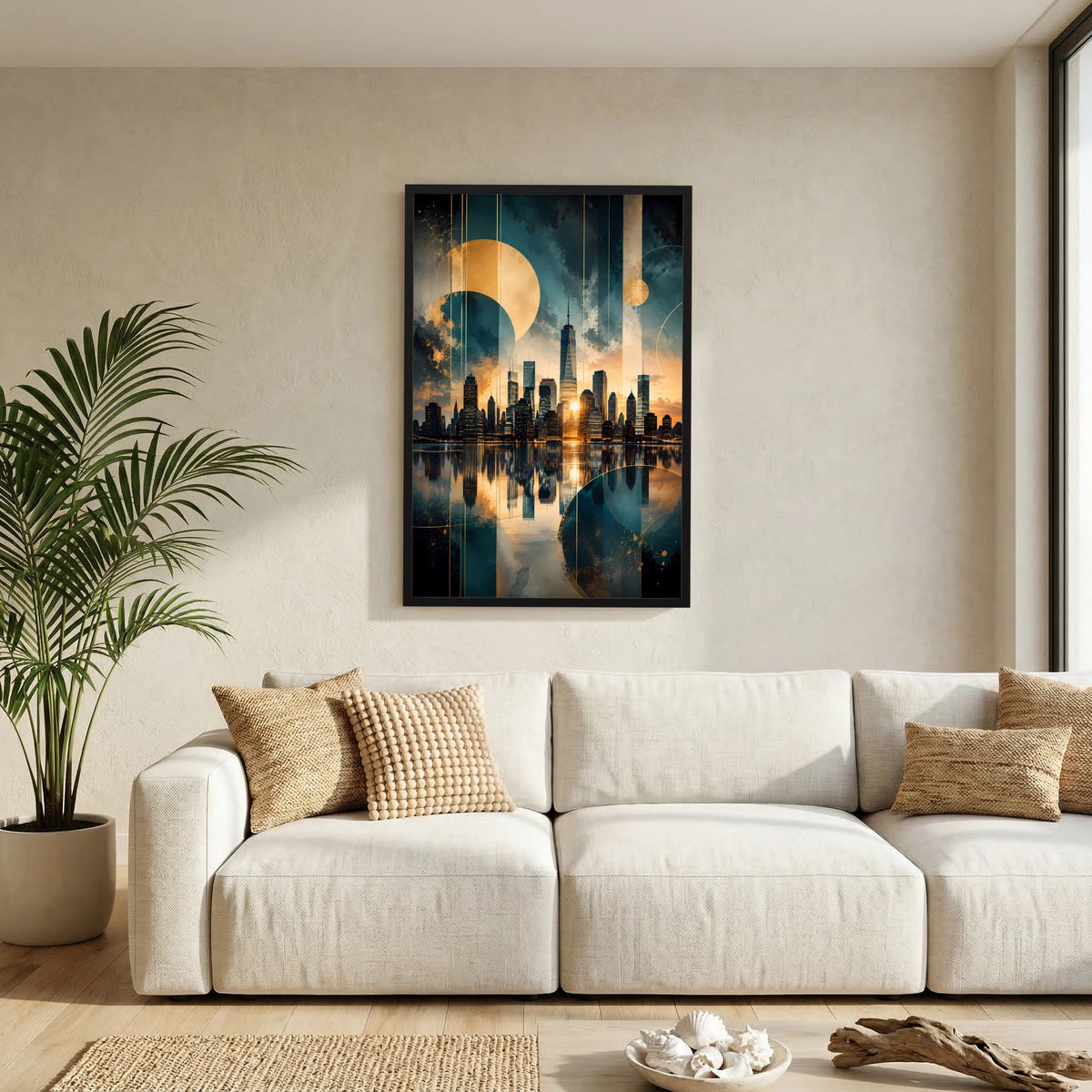 Poster im Hochformat mit abstrakter Skyline in Gold und Petrol, schwarzer Rahmen