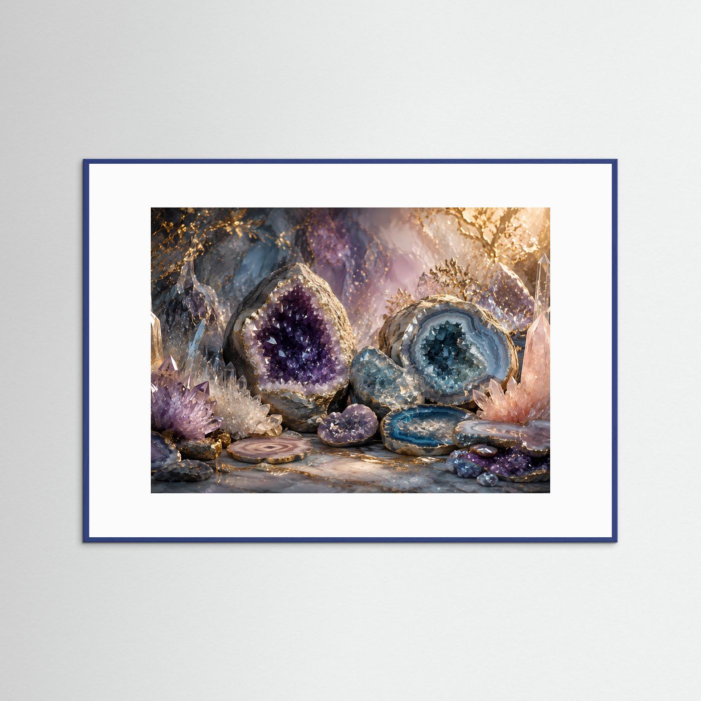 Mineral-Poster im blauen Rahmen mit Amethyst- und Achat-Geoden