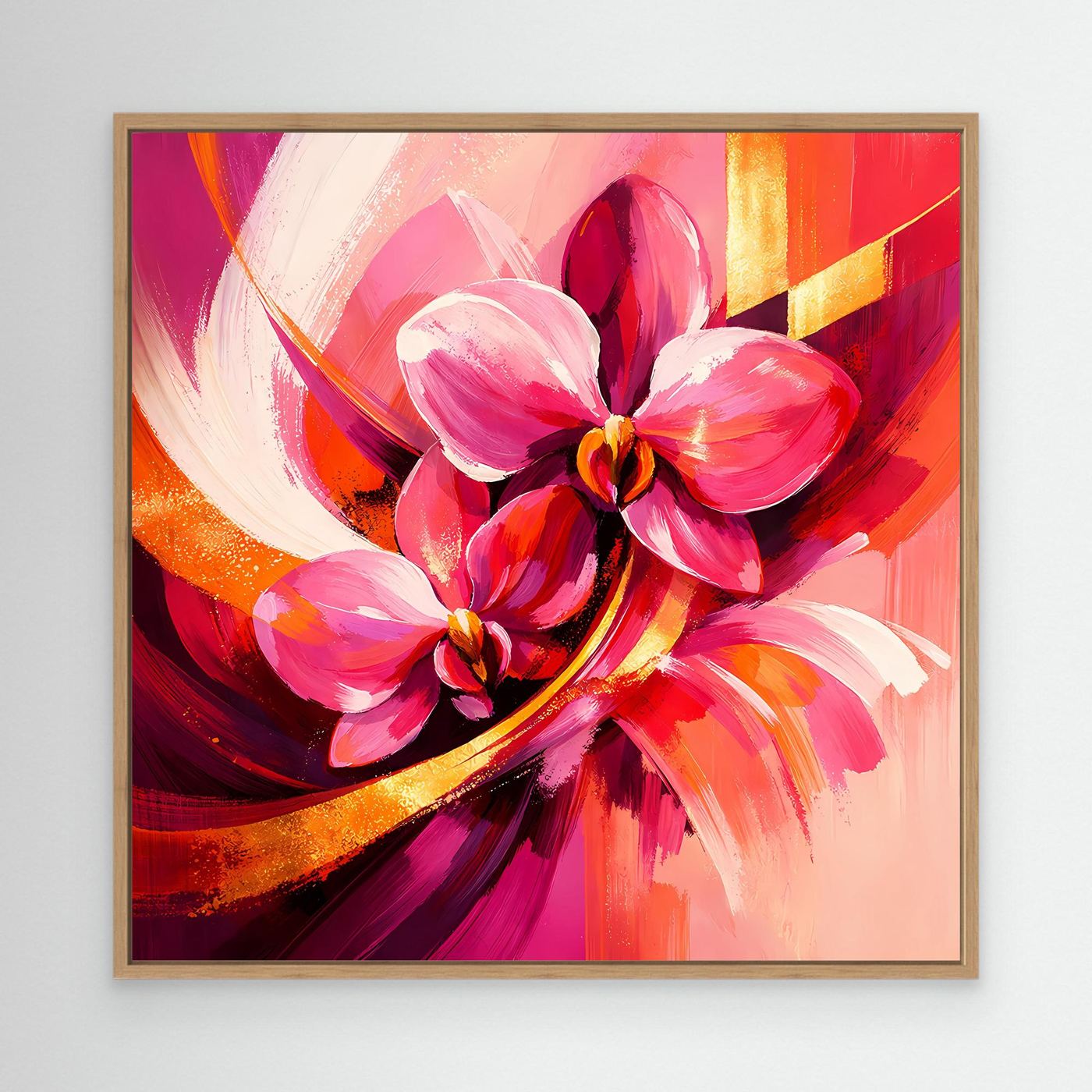 Abstraktes Leinwandbild mit Orchideenblüten; Holzrahmen, Pink, Rot, goldene Akzente