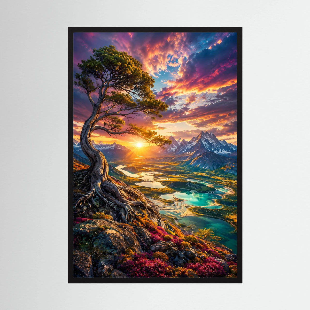 Majestätischer Baum über Bergtal | Leuchtender Sonnenuntergang & türkisfarbene Seen | Poster Hochformat