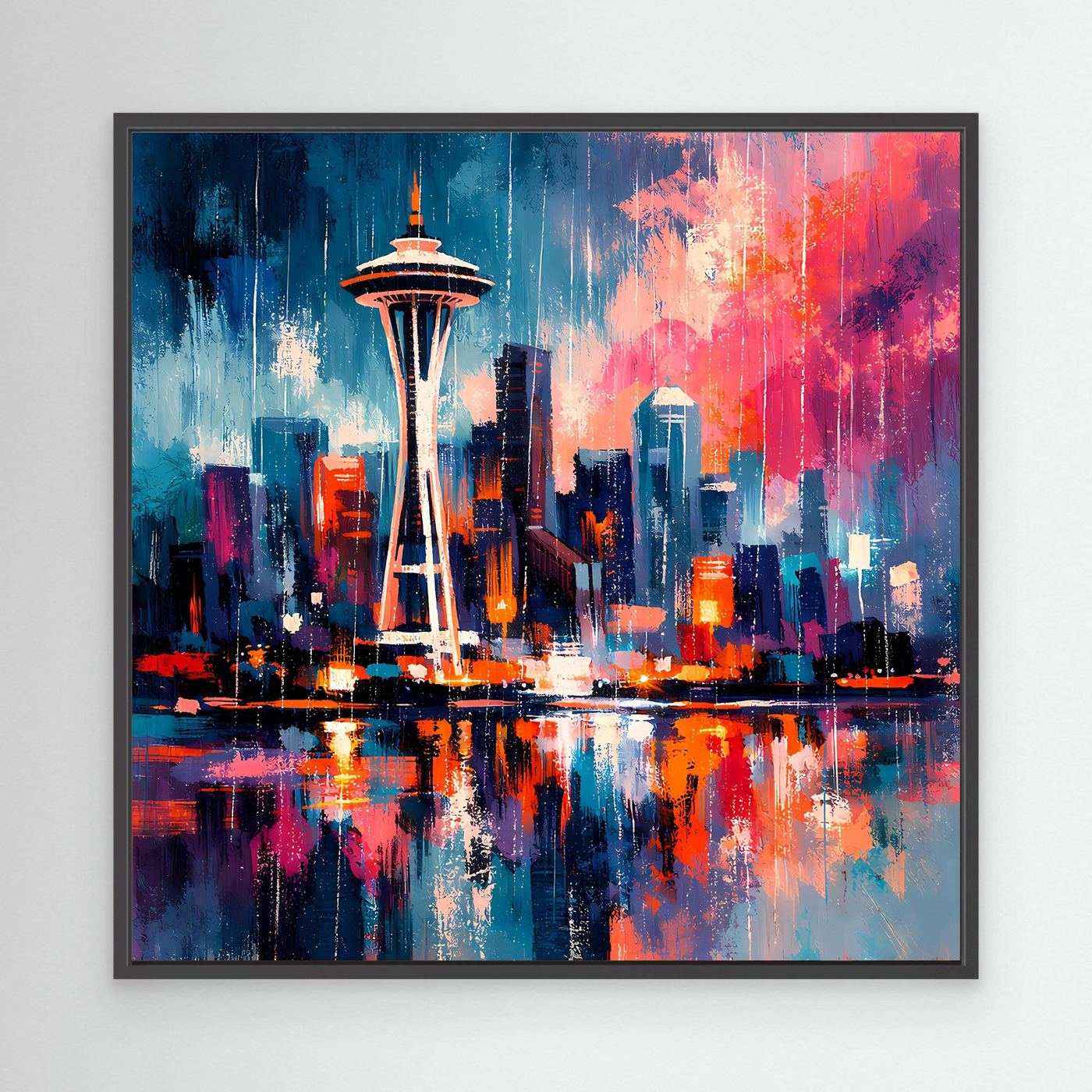 Wandbild Space Needle mit schwarzem Rahmen, abstrakte Skyline mit Spiegelung