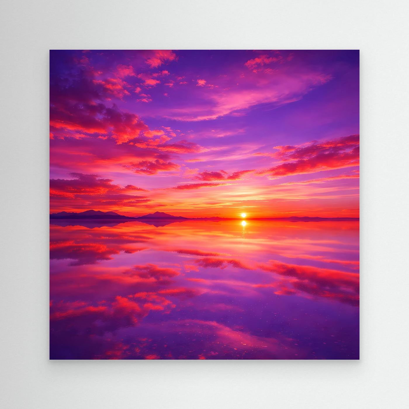 Leinwandbild mit Sonnenuntergangsmotiv, bunte Wolken und tiefes Lila, ohne Rahmen sichtbar