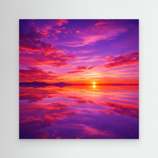 Leinwandbild mit Sonnenuntergangsmotiv, bunte Wolken und tiefes Lila, ohne Rahmen sichtbar