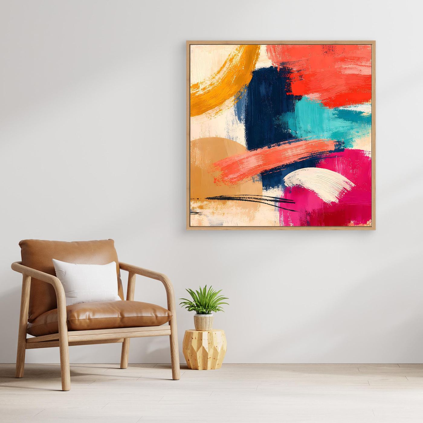 Abstraktes quadratisches Leinwand-Wandbild mit Rot-, Blau- und Pinktönen, im Rahmen