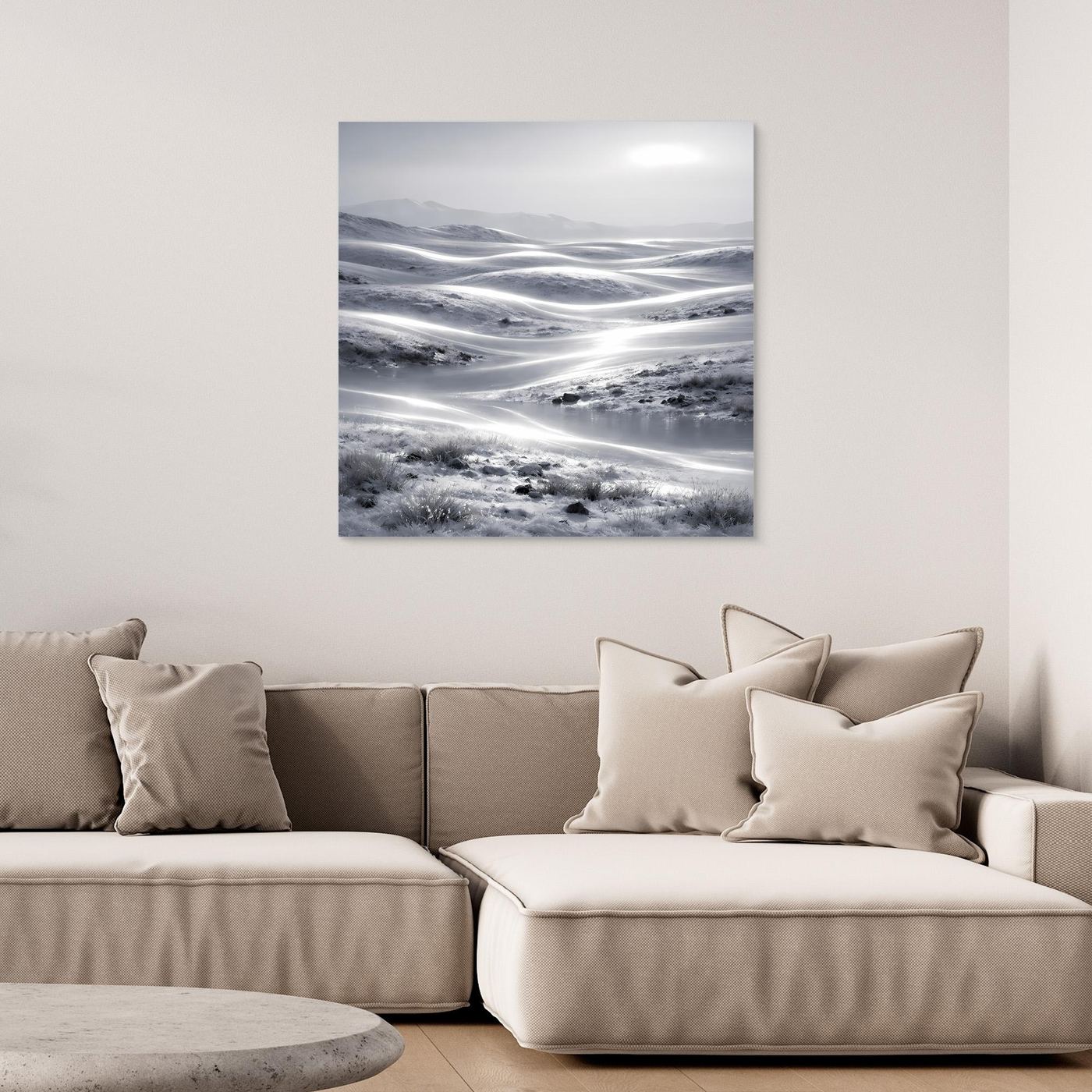 Leinwandbild mit abstrakter Winterlandschaft: schneebedeckte Hügel und Lichtstreifen