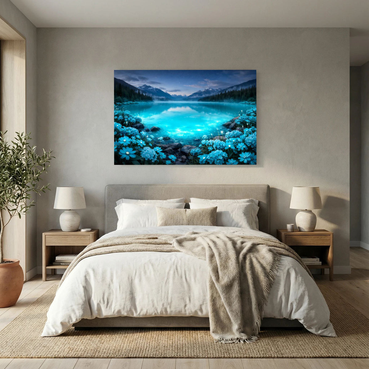 Leuchtendes Natur-Wandbild im Querformat mit Bergsee, Nebel und blauen Blüten