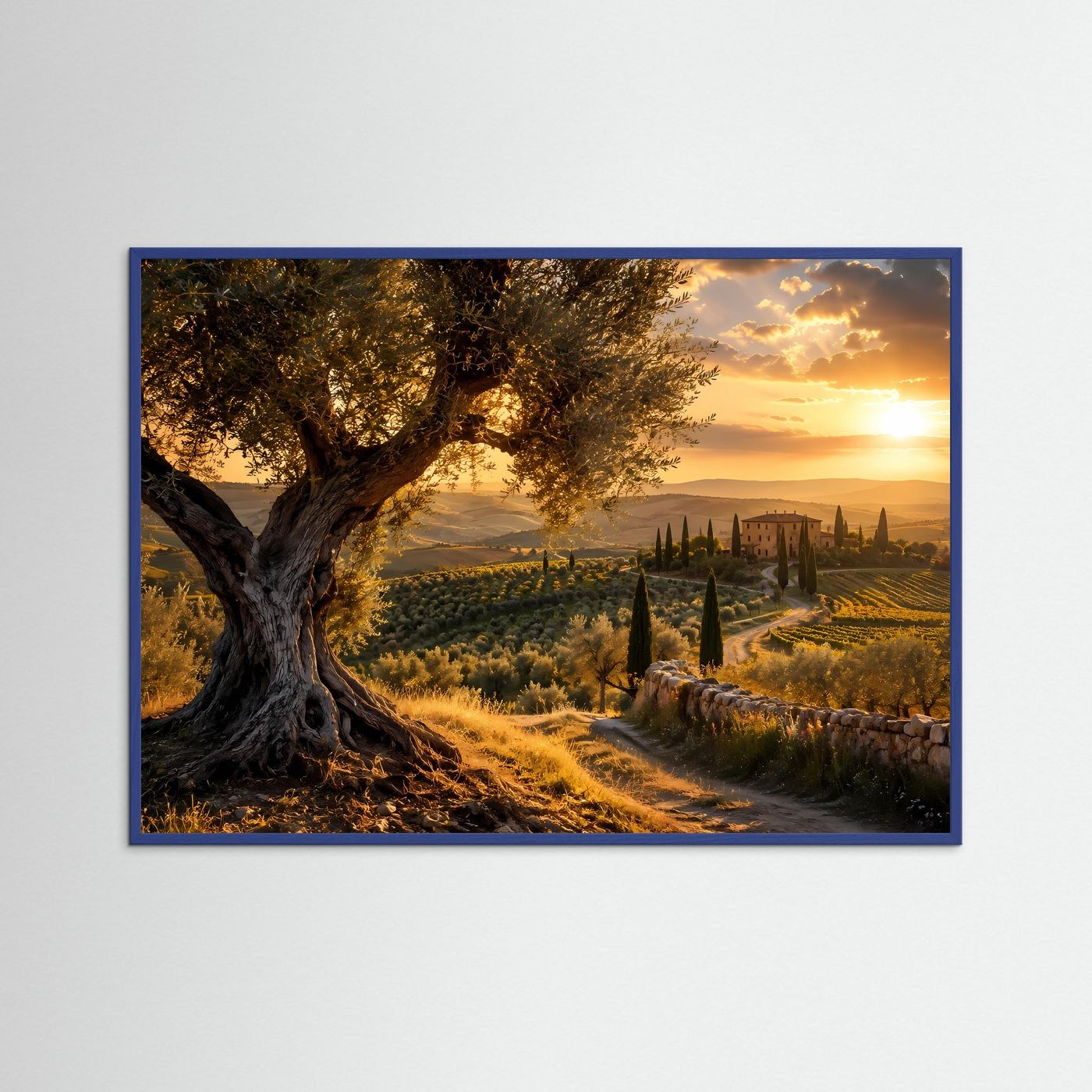 Toskana Olivenbaum Wandbild | Italien Landschaft Poster | Goldene Abendsonne Leinwand | Mediterrane Natur | Elegante Wall Art | Toscana Dekoration