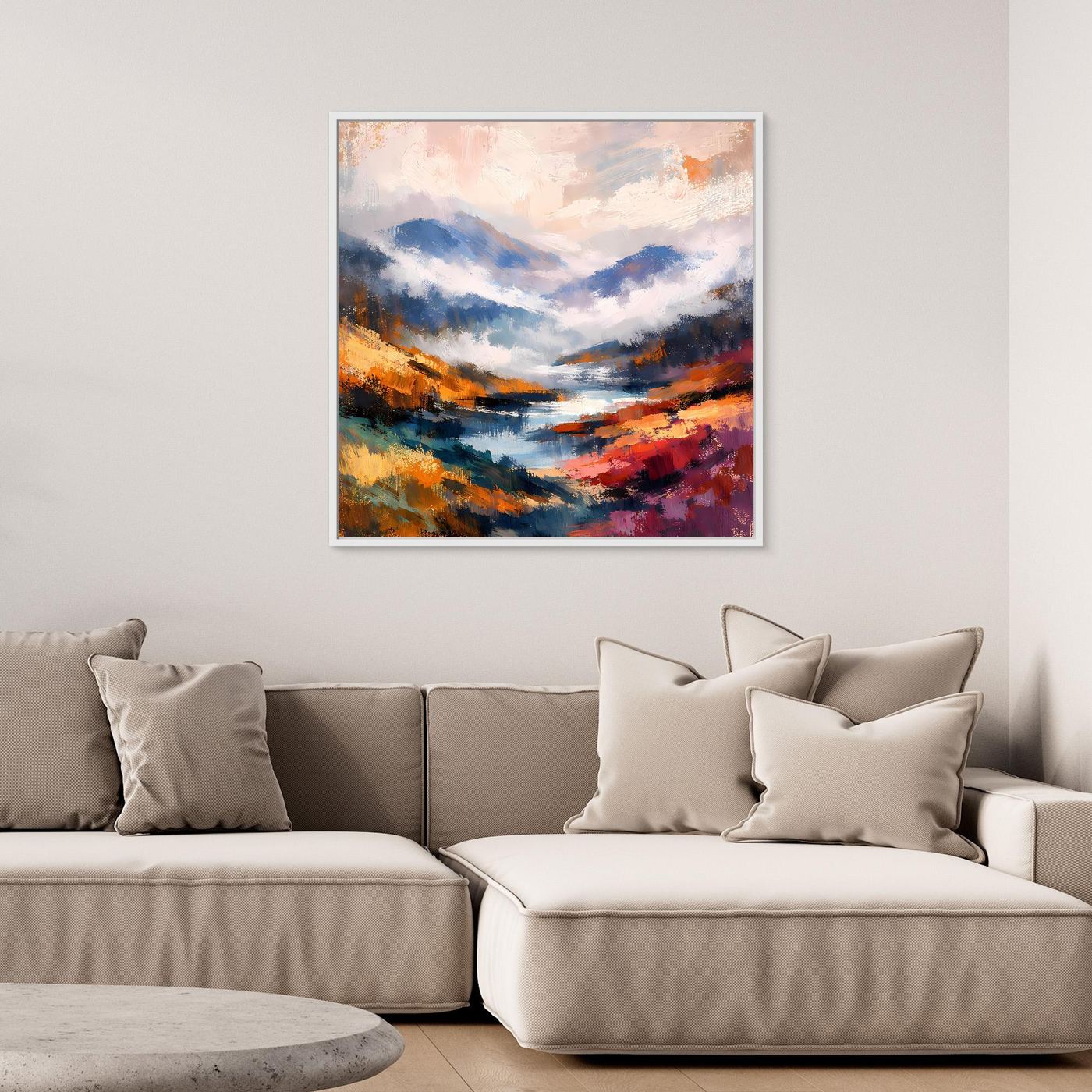Abstraktes Leinwand-Wandbild mit Berglandschaft und Flusslauf, weiß gerahmt