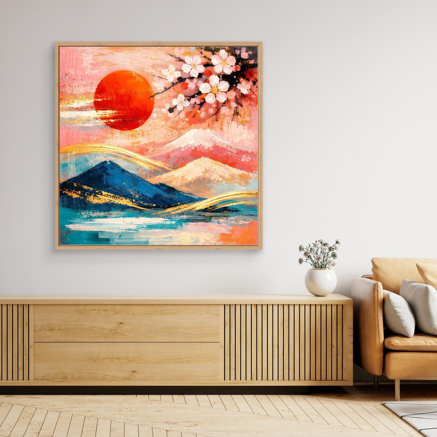 Leinwandbild mit Kirschblüten, roter Sonne und Berglandschaft in Pastellfarben, mit Holzrahmen
