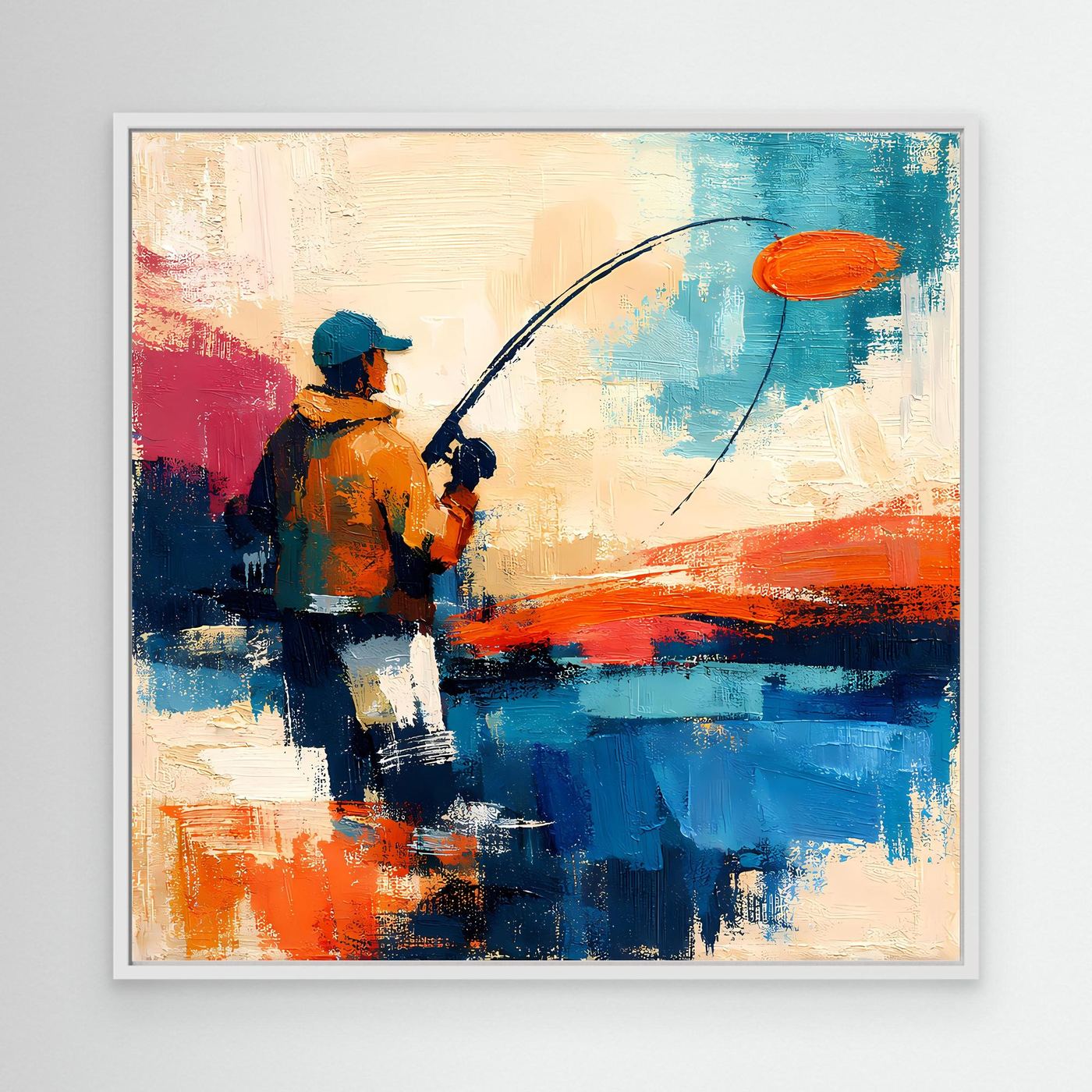 Abstract canvas wall art showing an angler fishing with a curved line and orange bobber.