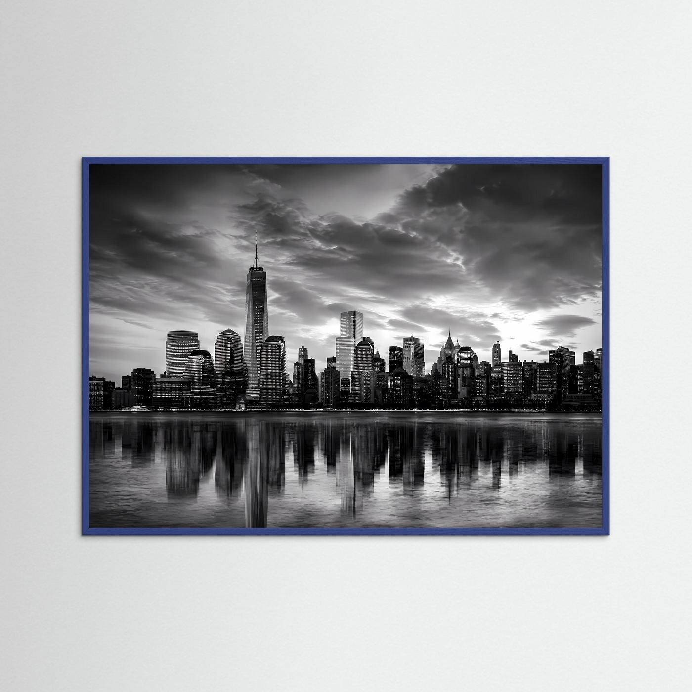 Schwarzweiß-Stadtpanorama als Poster mit Skyline und Spiegelung, blauer Rahmen