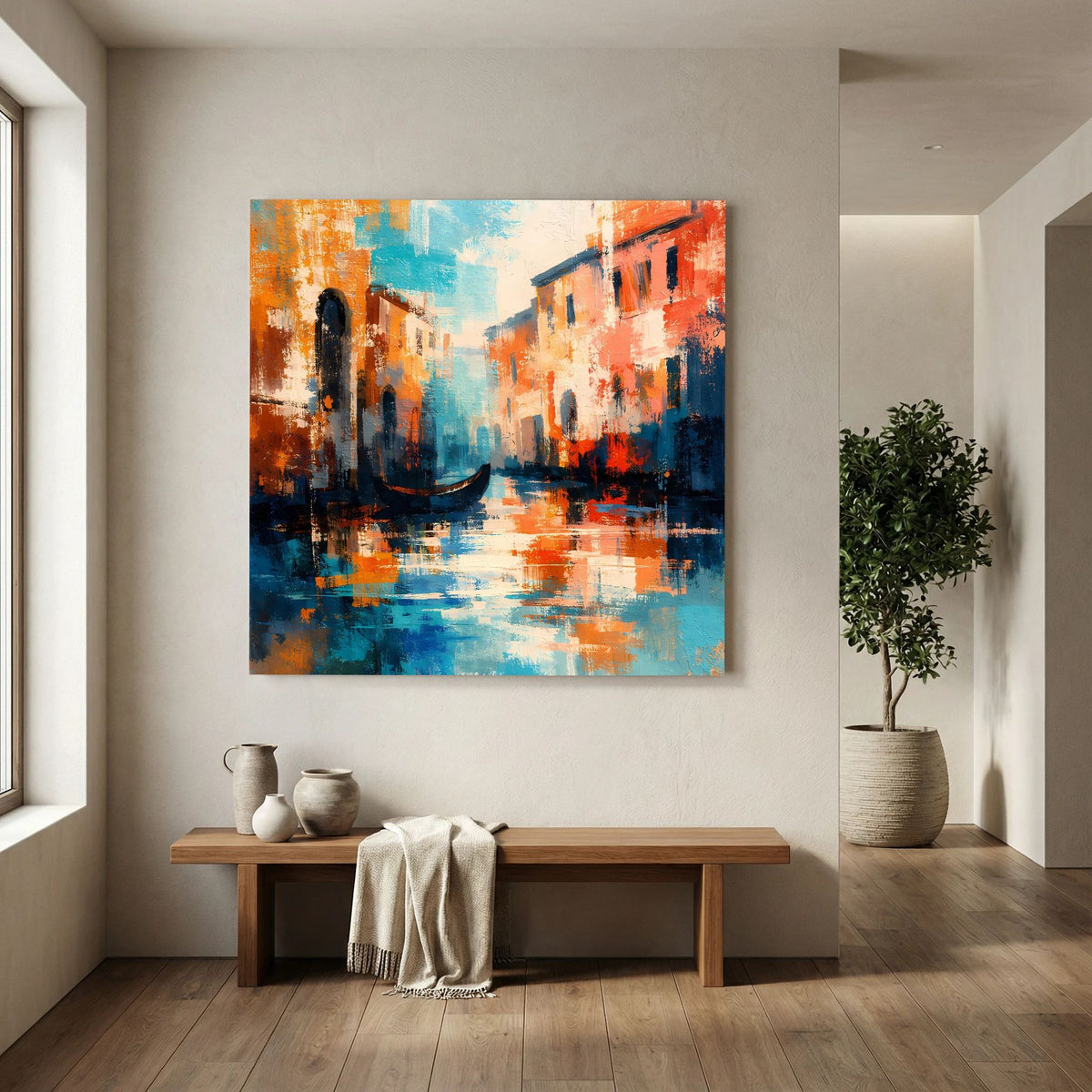 Abstraktes Leinwand-Wandbild mit Gondel und Canal-Licht, kräftige Orange-, Blau- und Rottöne.