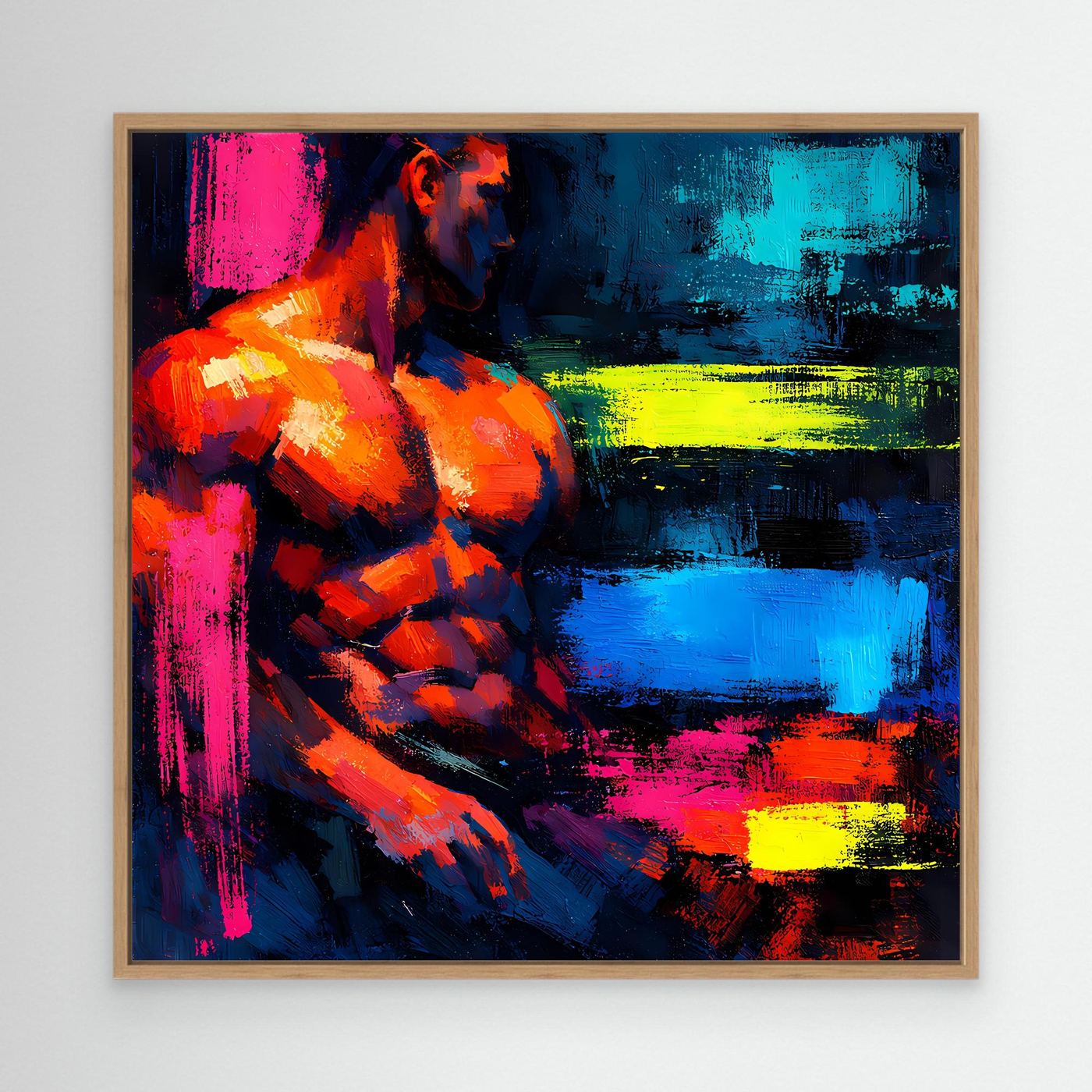 Leinwandbild Abstrakter Männlicher Torso | Moderner Neon-Kunst Wandbild auf echtem Holzkeilrahmen