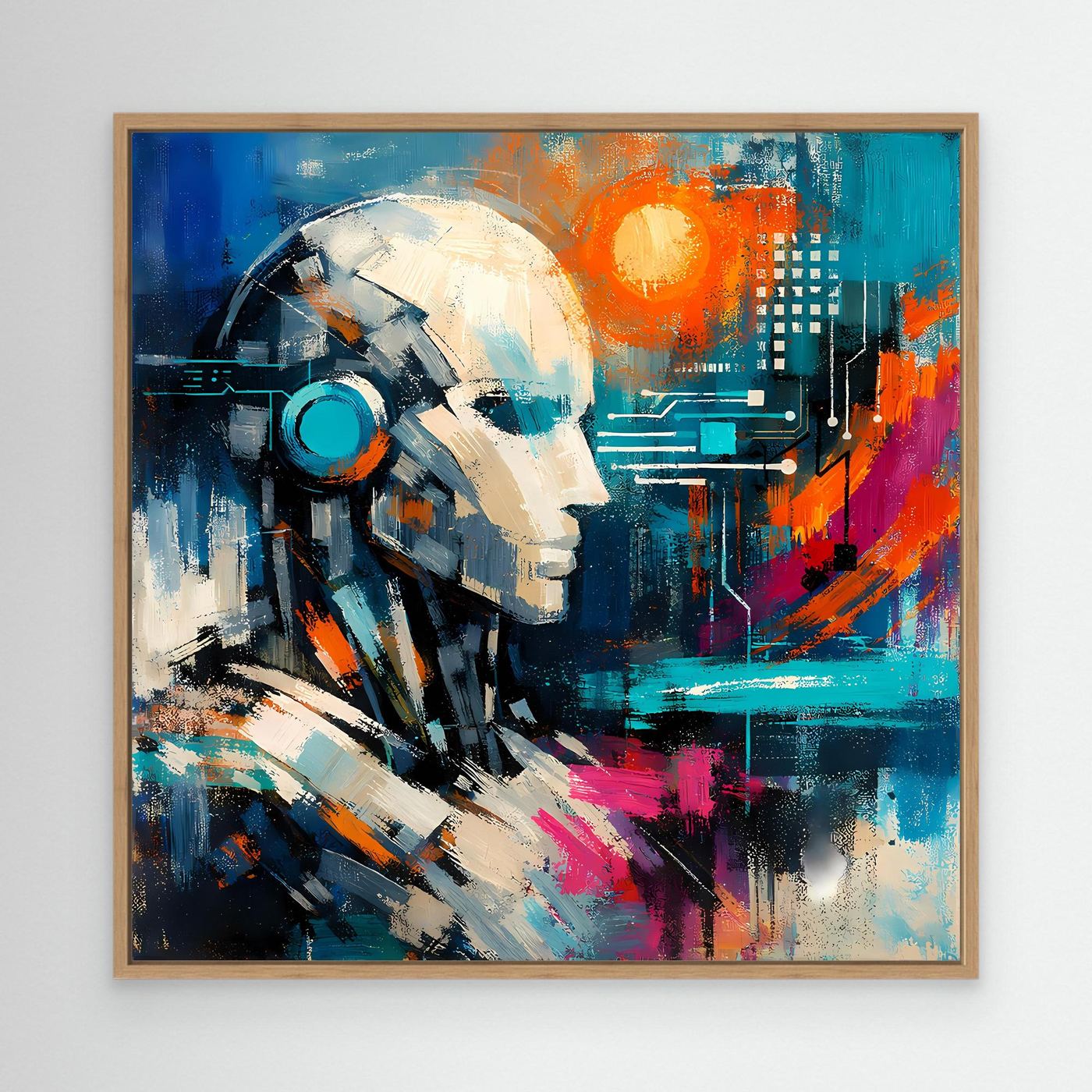 Abstract canvas print with oak frame: robotic face, blue tones, orange glow, circuitry