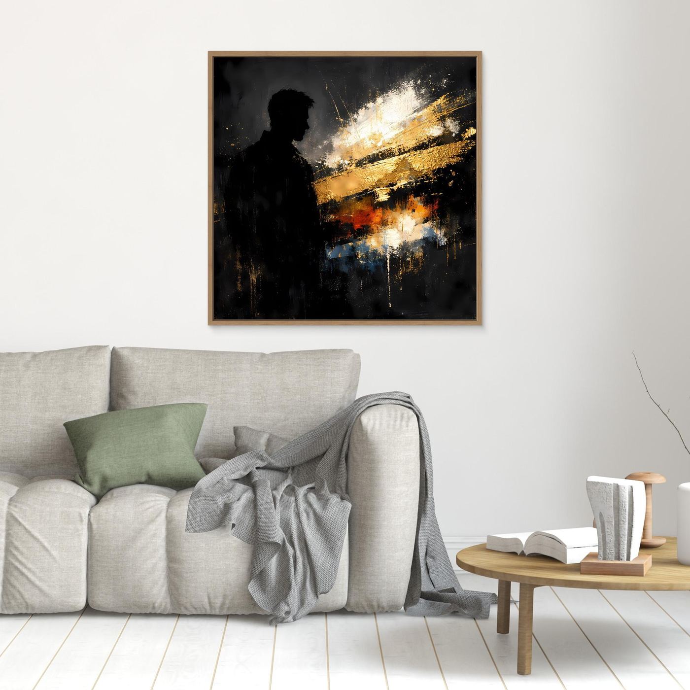 Leinwand Markante Silhouette in Gold und Schwarz | Modernes Abstraktes Männer Portrait Wandbild