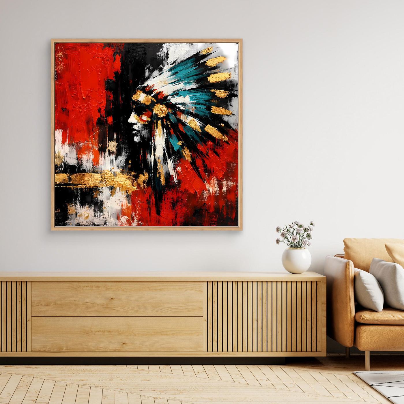 Wandbild mit hellem Holzrahmen, abstraktes Porträt in Rot, Türkis und Weiß