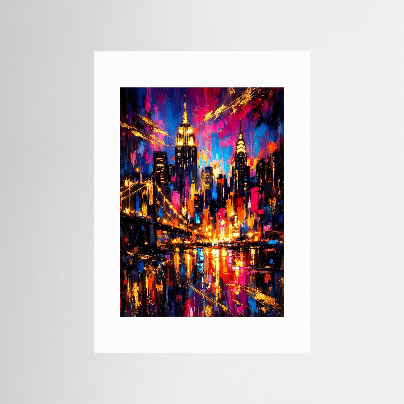 Hochformat-Poster mit weißem Passepartout: Neon-City-Skyline mit goldenen Lichtern