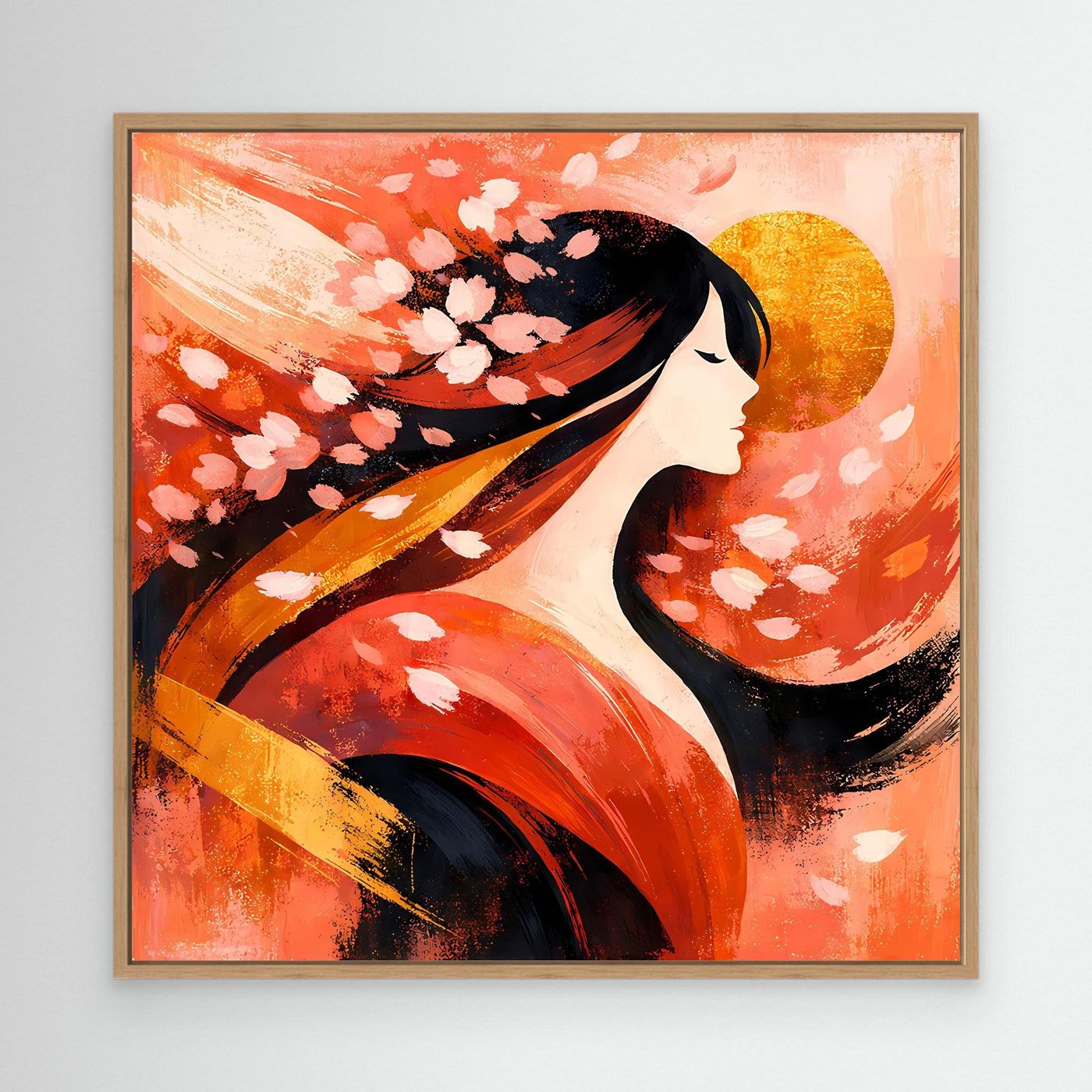 Leinwandbild mit hellem Holzrahmen: Geisha-Profil, Kirschblüten und goldene Sonne in Rottönen