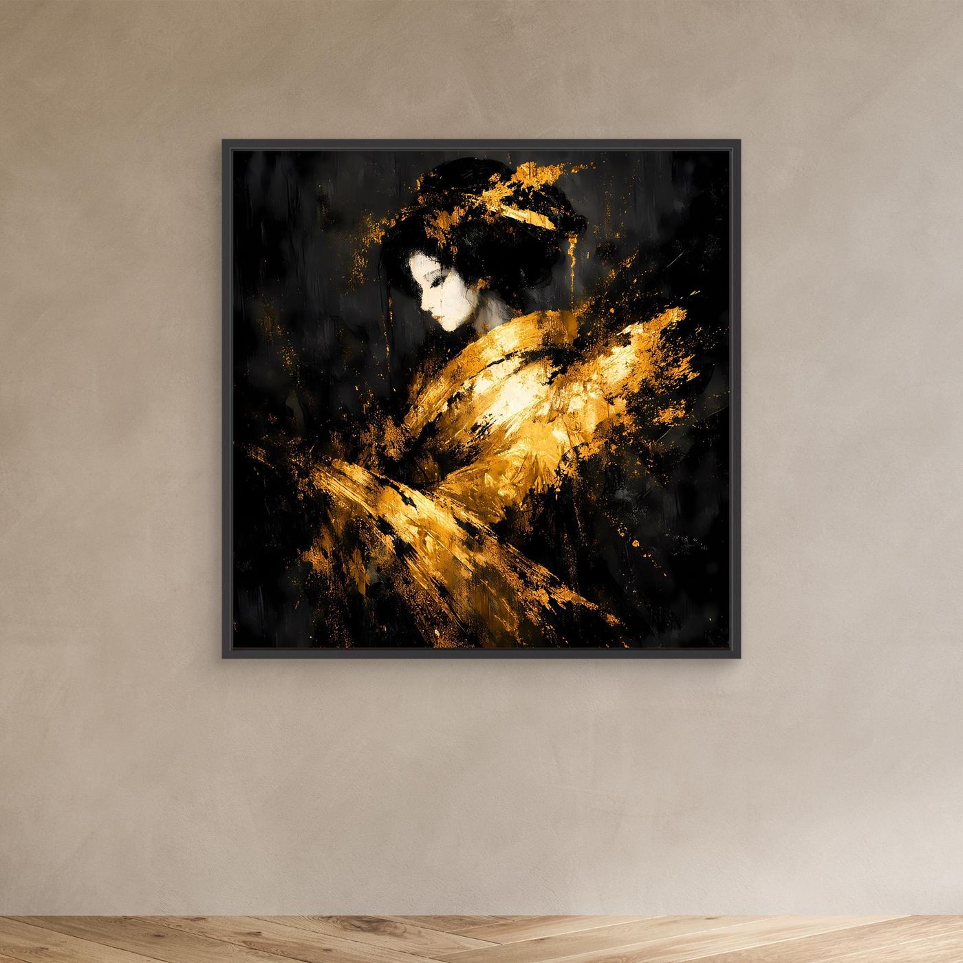 Leinwand Elegante Goldene Geisha | Abstraktes Asiatisches Wandbild